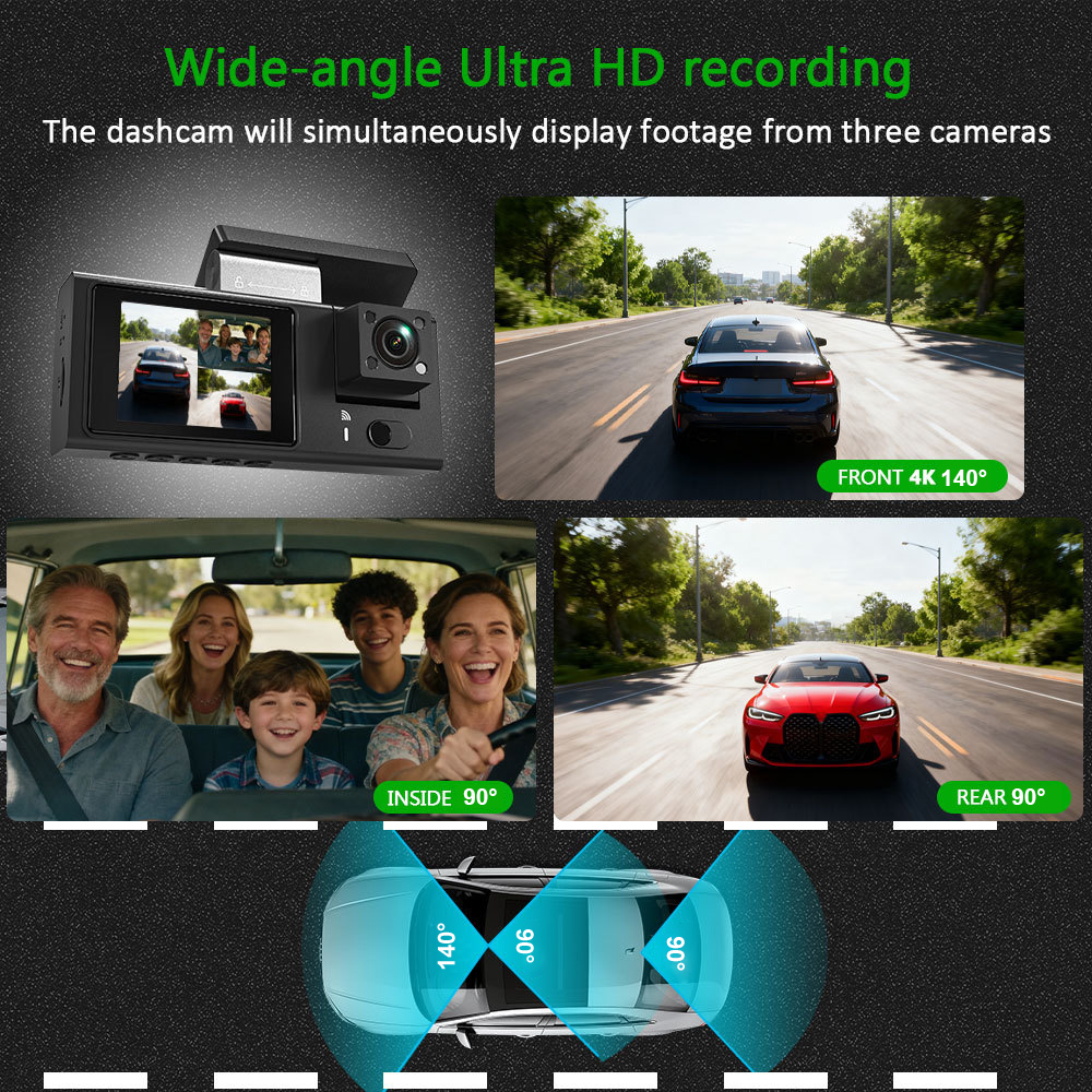 4K 3-Channel Dash Cam with WiFi | Front, Inside & Rear Car Driving Recorder for Vehicle Safety